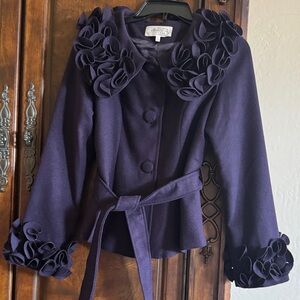 Elegant Dark Purple Cape Jacket with Ruffle Details